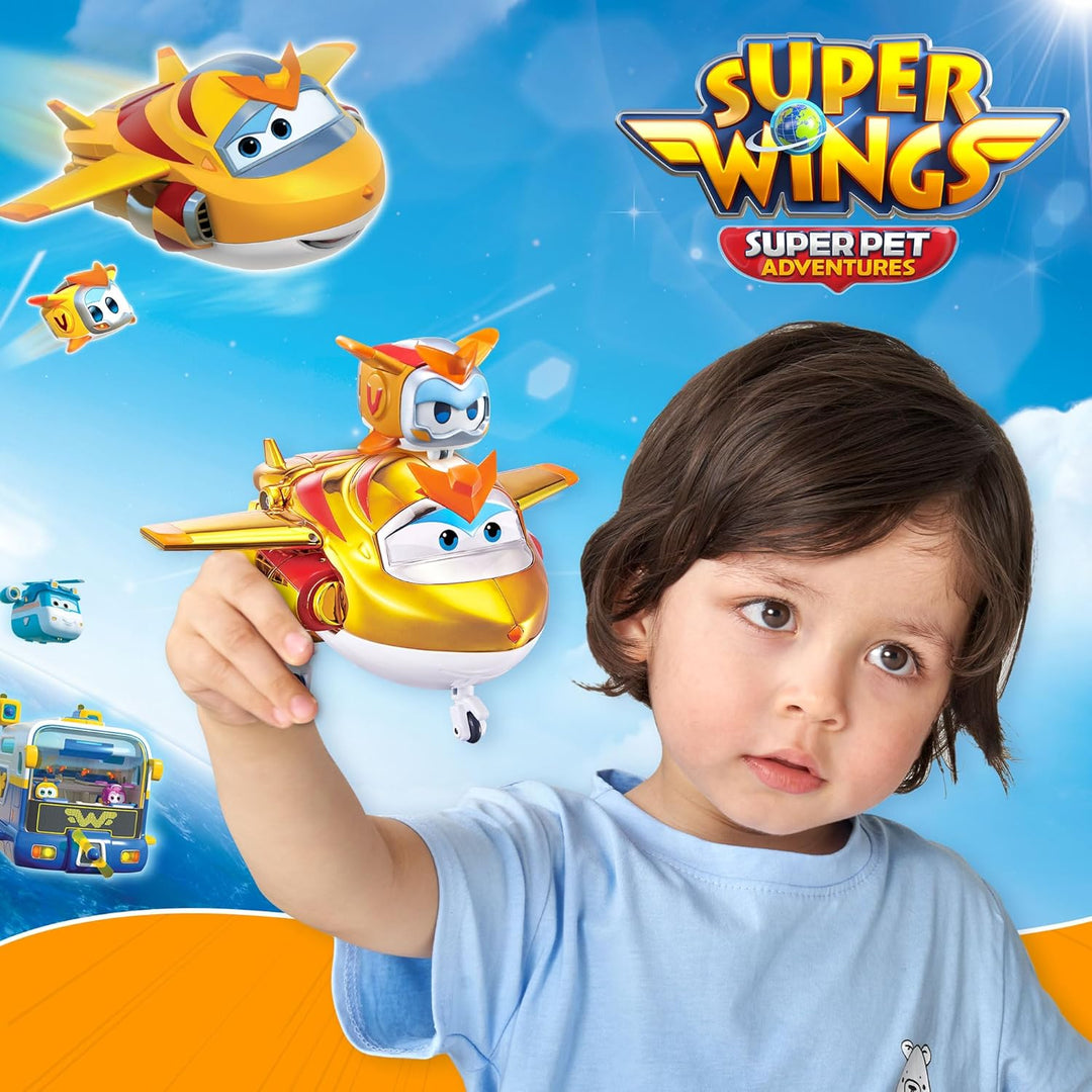Super Wings EU770441 - Transforming Golden Boy & Pet, ca. 12 cm grosse verwandelbare Spiel-Figur mit