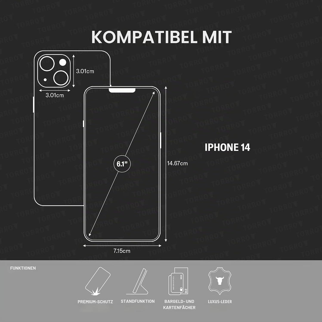 TORRO Handyhülle kompatibel mit iPhone 14 - Echte Lederhülle mit Kartenfächern und horizontaler Stan