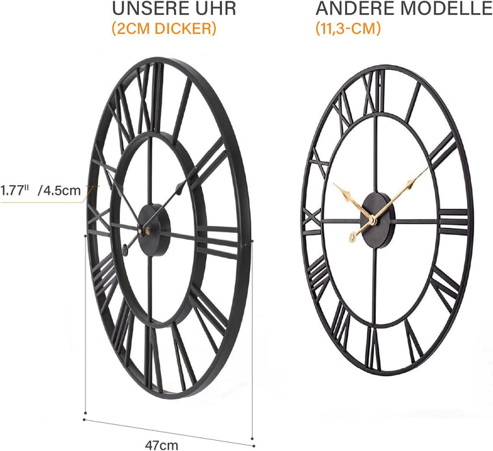 Grosse Wanduhr im Vintage-Stil, rund, geräuschlos, schwarz. Gratis dazu EIN Extraset Uhrzeiger in Go