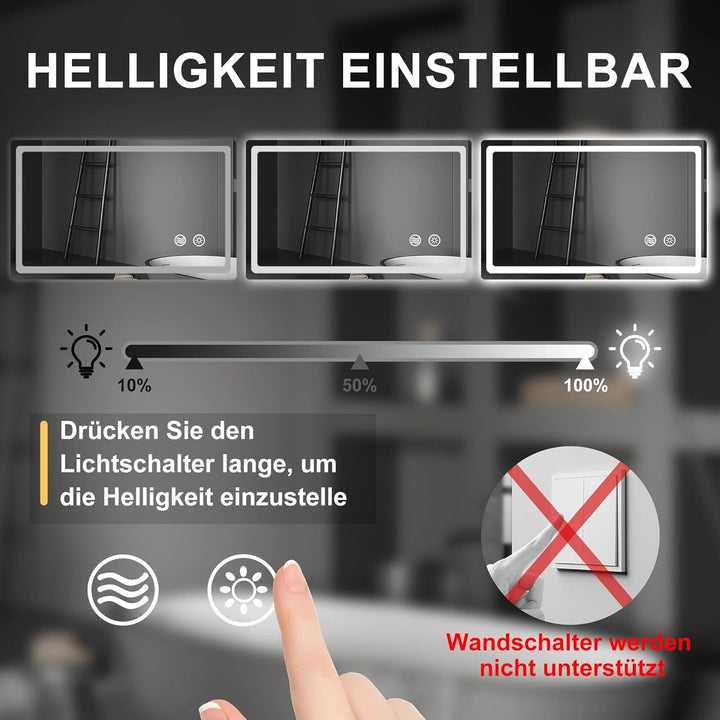 LED Badspiegel mit Beleuchtung, Spiegel mit Licht fürs Bad mit Stecker, Touch-Schalter und Beschlagf