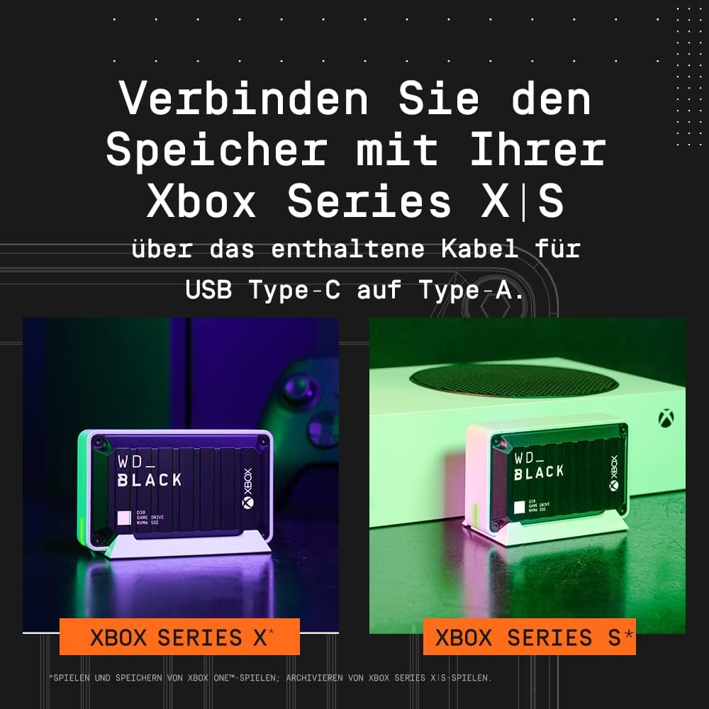 WD_BLACK D30 Game Drive SSD 1 TB (Übertragung mit 900 MB/s, USB Typ-C zu Typ-A Kabel) kompatibel mit