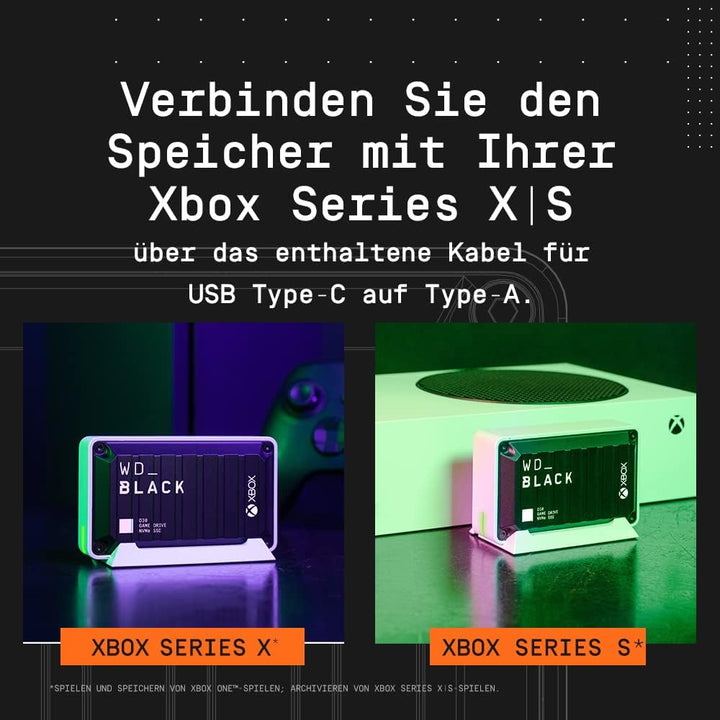 WD_BLACK D30 Game Drive SSD 1 TB (Übertragung mit 900 MB/s, USB Typ-C zu Typ-A Kabel) kompatibel mit