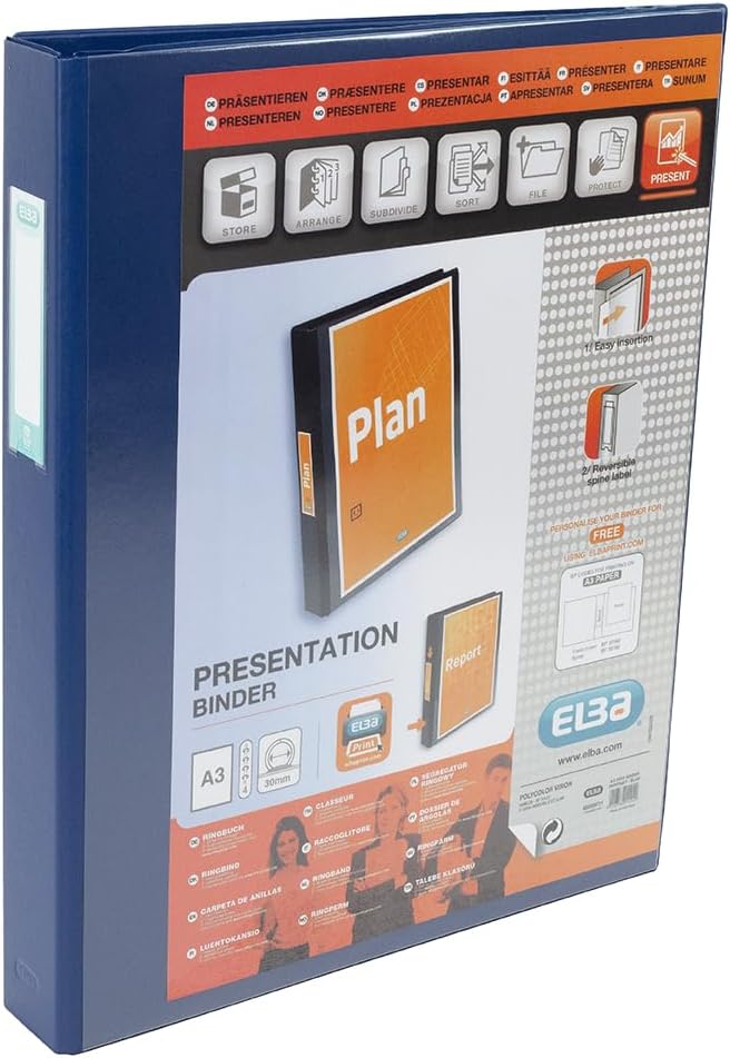 Elba Ringmappe PVC hochkant, 4 D-Ringe, 30 mm Kapazität, A3, 1 Stück, blau 1 blau, 1 blau