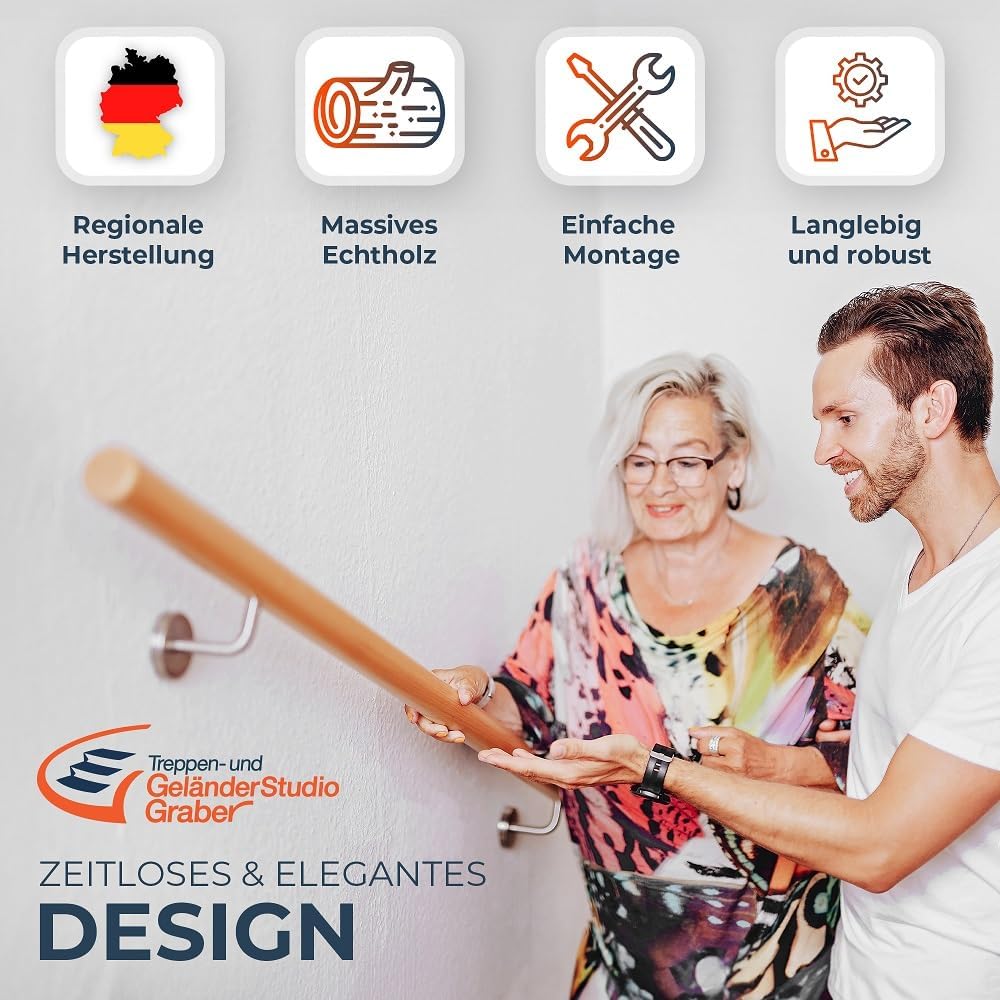 Abgerundeter Handlauf aus Buchenholz mit 2 Halterungen aus Stahl, Ø 45 mm, Länge 120 cm