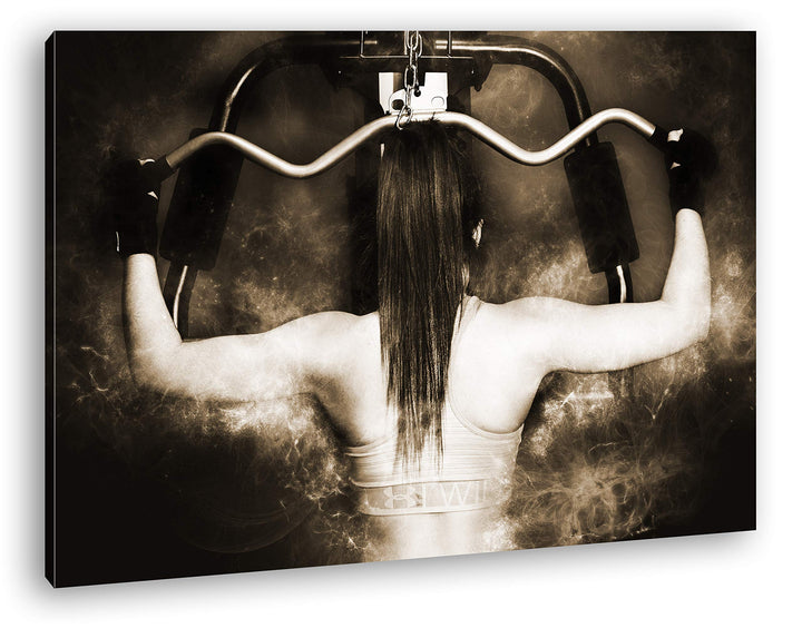 deyoli Frau beim Kraftsport Format: 80x60 Effekt: Sepia als Leinwandbild, Motiv fertig gerahmt auf E