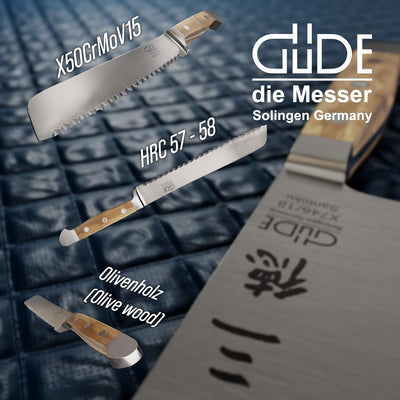 GÜDE Solingen - Brotmesser Linkshänder geschmiedet, 21 cm, Olivenholz, ALPHA OLIVE, Doppelkropf, Han