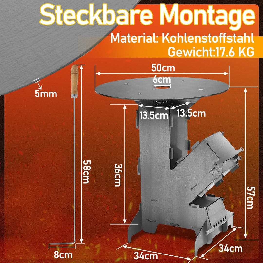Raketenofen mit Grillplatte gross 5mm, Rocket Stove mit Feuerhaken，Kanonenofen Stecksystem aus massi