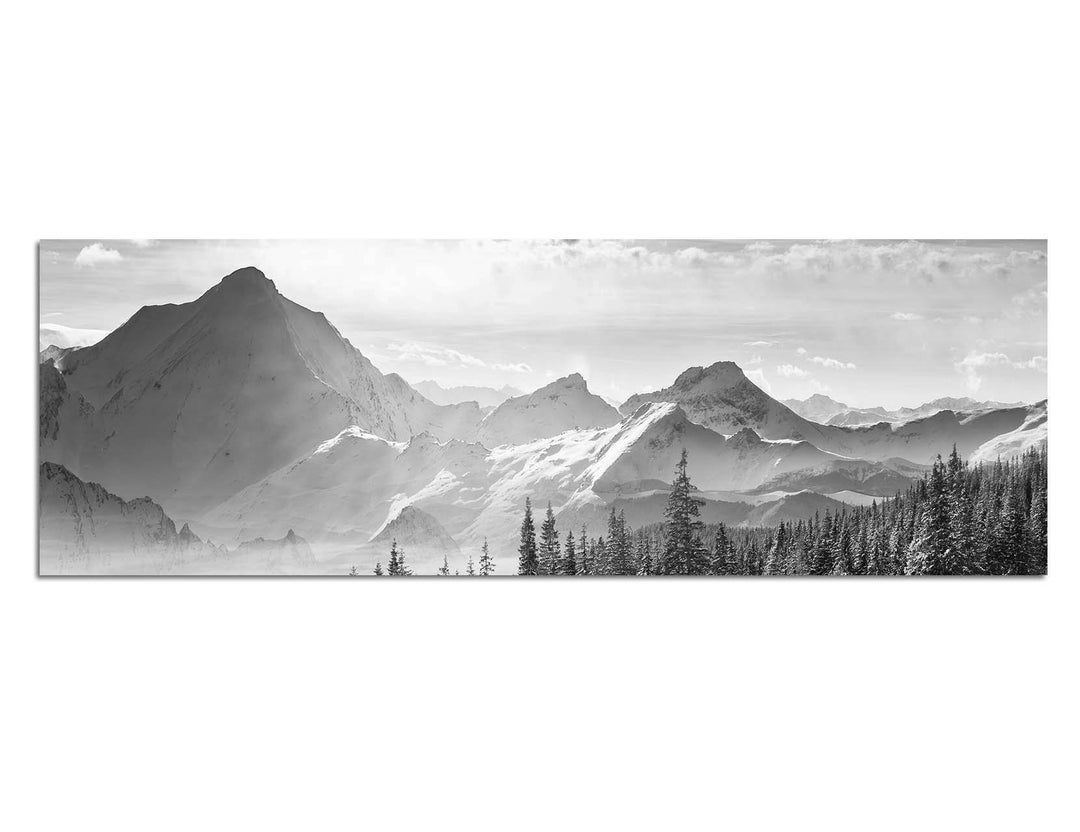 Paul Sinus Art Leinwandfoto als Panorama SCHWARZ/Weiss 150x50cm Berge Wald Schnee Wolken Sonnenstrah