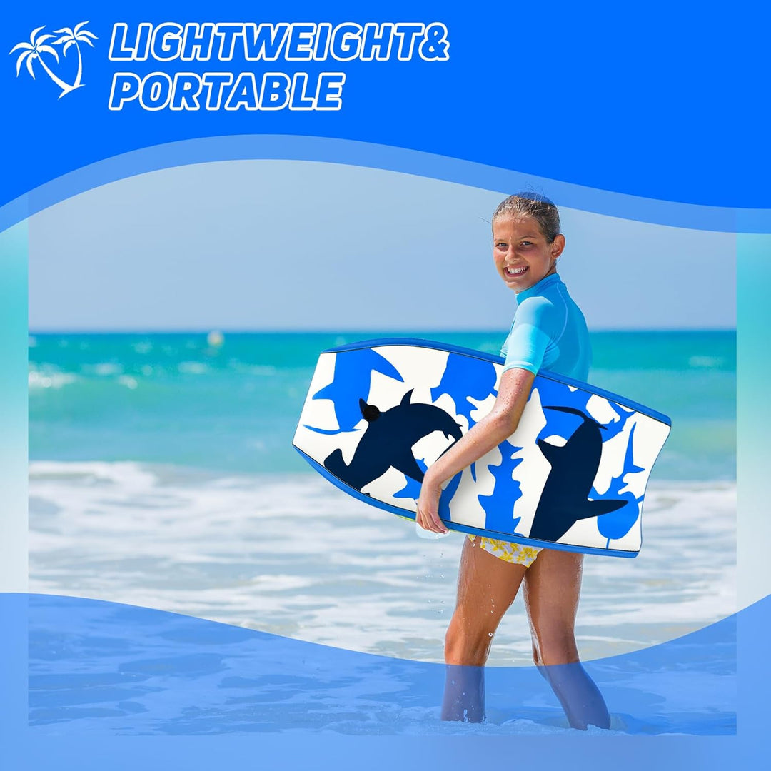 HOMASIS Bodyboard mit Halteleine, Rutschfestes Schwimmbrett aus XPE & HDPE, Surfbrett mit Hai-Aufdru