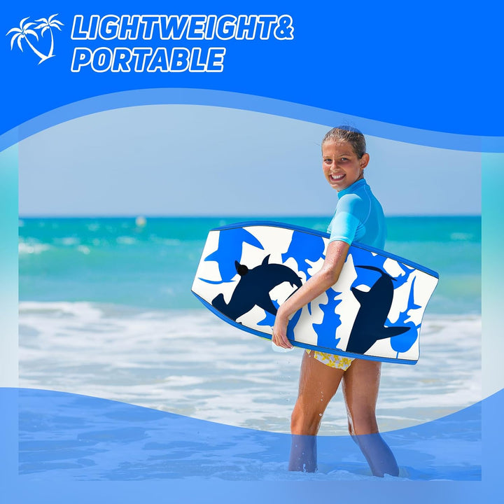 HOMASIS Bodyboard mit Halteleine, Rutschfestes Schwimmbrett aus XPE &amp; HDPE, Surfbrett mit Hai-Aufdru
