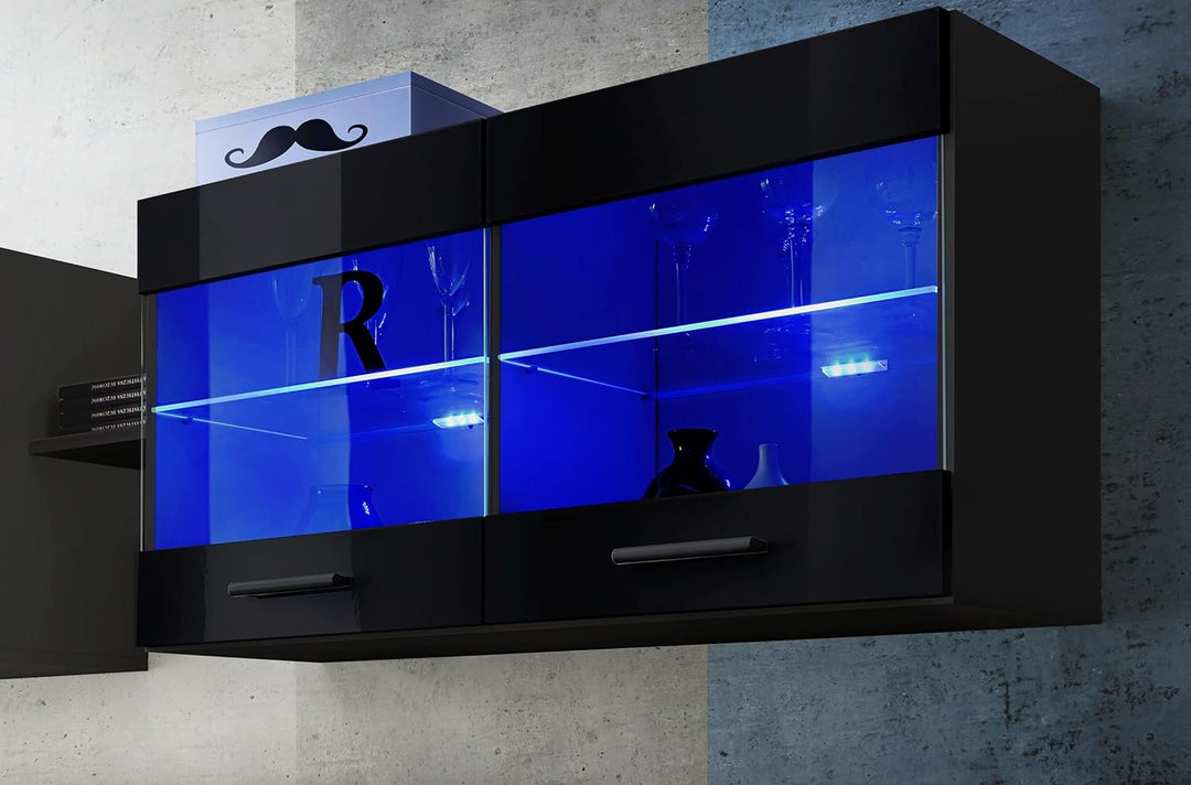 Komodee, Vitrine Schrank Savona, Schwarz/Schwarz, Breite 100cm x Höhe 50cm x Tiefe 30cm, Blaue LEDs,