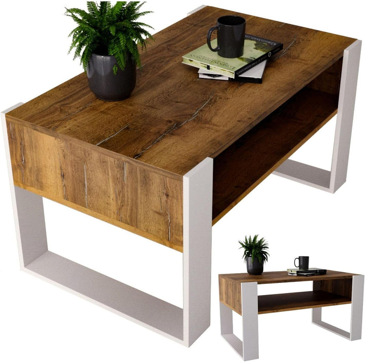 CraftPAK Wohnzimmer Tisch für Couch aus hochwertigem Holz, moderner Couchtisch mit zusätzlicher Abla