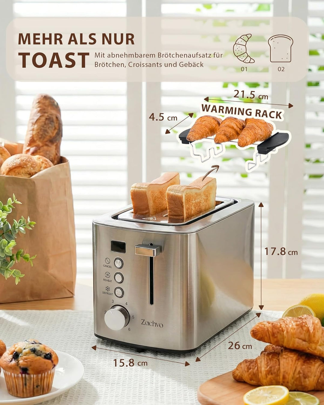 2-Scheiben Edelstahl Toaster mit 3,5 cm Breitschlitzen, LED-Countdown, 6 Bräunungsstufen, 850 W, Brö