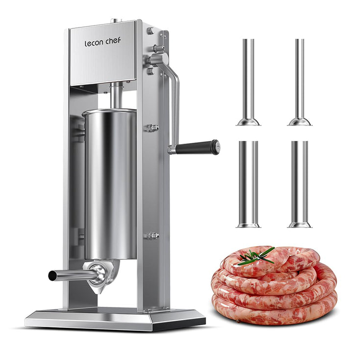 Wurstfüller 5L Manuell, Edelstahl Wurstfüllmaschine mit 2-Gang-Getriebe und 4 Füllrohren, Vertikale