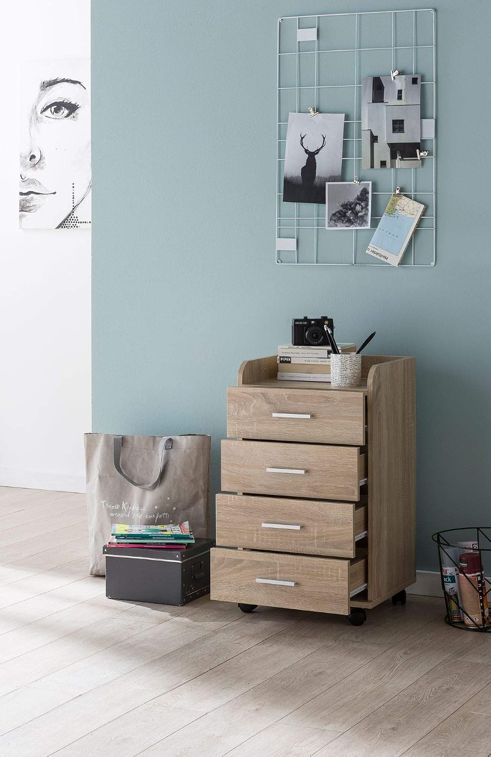 Wohnling Rollcontainer 40x33x70,5 cm Sonoma mit 4 Schubladen | Schreibtisch-Container mit Rollen, Ro