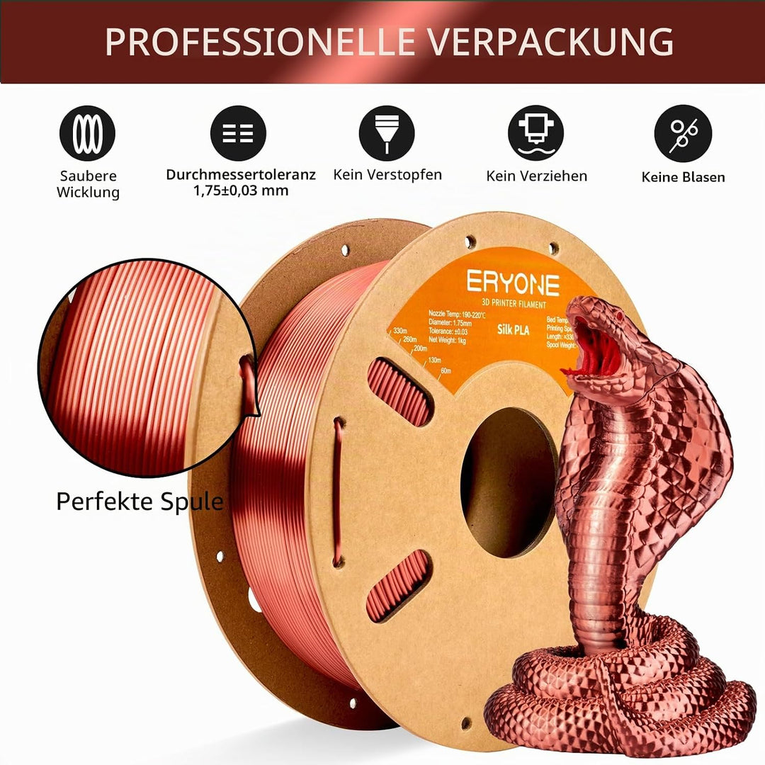 ERYONE Silk PLA Filament 1.75 mm, 3D-Drucker Filament PLA, 0,03 mm, 1 kg/Spule, Silk Rotes Kupferl S