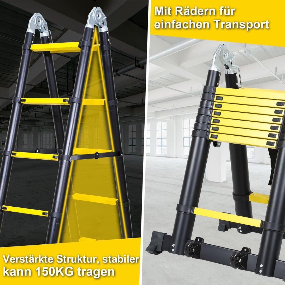 Teleskopleiter Mit Rädern, 5M (2,5+2,5) Rutschfester Aluminium Stehleiter, 150 kg/330 Pfund Belastba