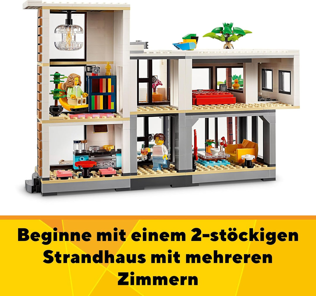 LEGO Creator Modernes Haus, 3-in-1-Set zum Umbauen in EIN Stadthaus oder eine Waldhütte, Modellhaus,