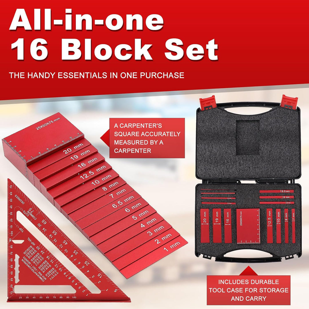 15-tlg. Setup Blocks Woodworking Set Metrisch, Aluminium Einstellblöcke mit Dreieckslineal und Koffe