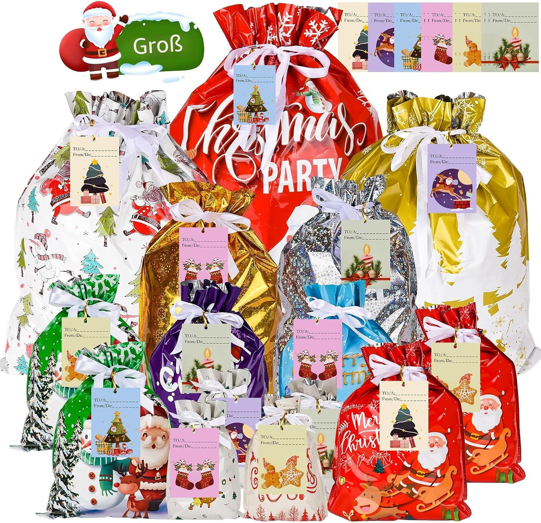 Weihnachts Geschenkbeutel mit Kordelzug - 15 Stück mit 15 Anhängern, 7 Designs, 5 Grössen, Wiederver
