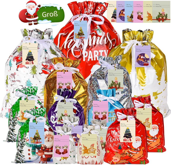 Weihnachts Geschenkbeutel mit Kordelzug - 15 Stück mit 15 Anhängern, 7 Designs, 5 Grössen, Wiederver