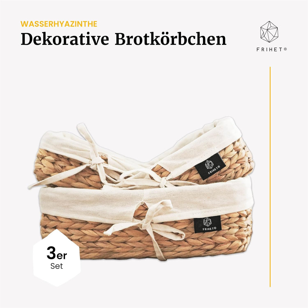 FRIHET eckige Brotkörbchen aus Wasserhyazinthe | Rustikaler Brotkorb | Brötchenkorb mit Stoff | Bröt