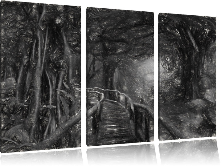 Pixxprint der Weg durch den traumhaften Tropenwald Kunst Kohle Effekt 3-Teiler Leinwandbild 120x80 B