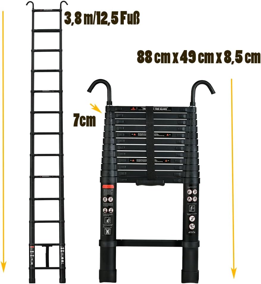 3,8M Teleskopleiter, Aluminium Teleskop Verlängerungsleiter, Tragbar für tägliche Haushalts- oder Wo