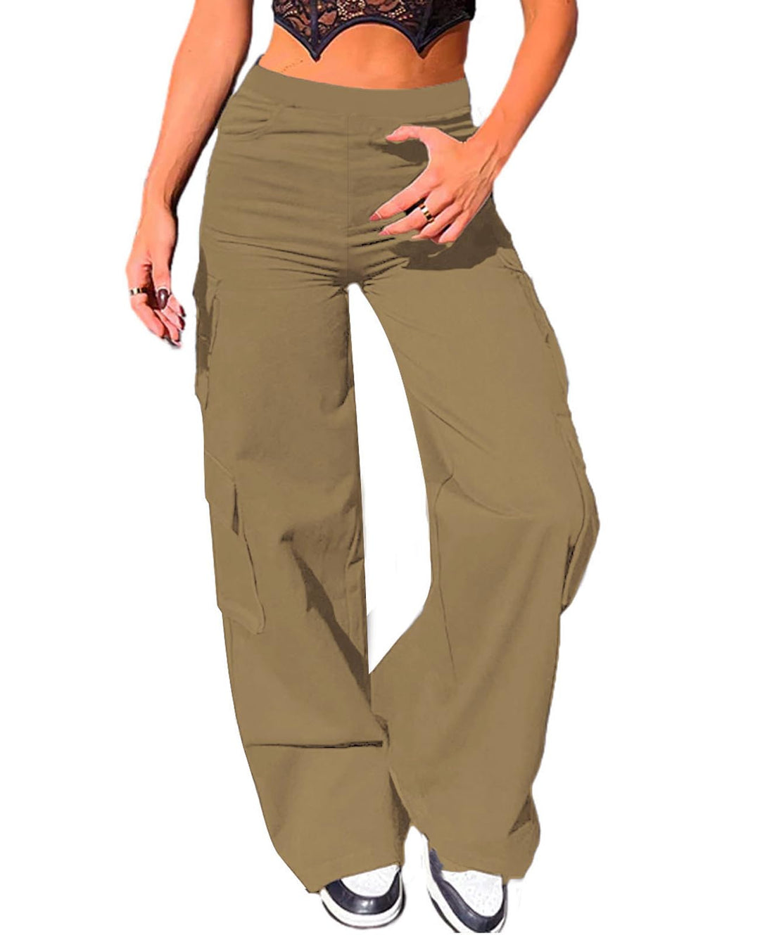 Nuofengkudu Cargohose Damen Weite Hosen Stretch High Waist Cargo Taschen Bootcut Schlaghose Damenhos