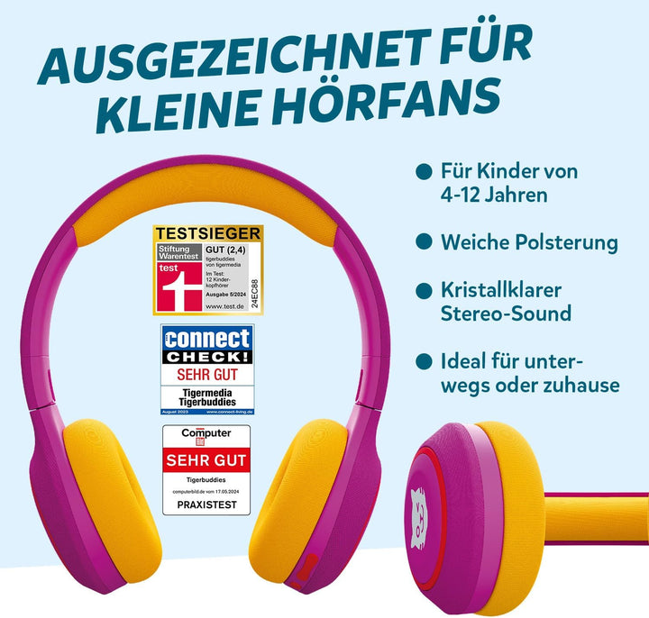 tigermedia tigerbuddies Bluetooth Kopfhörer Kinder | Faltbare Kinder Kopfhörer ab 4 Jahren | Mit Lau