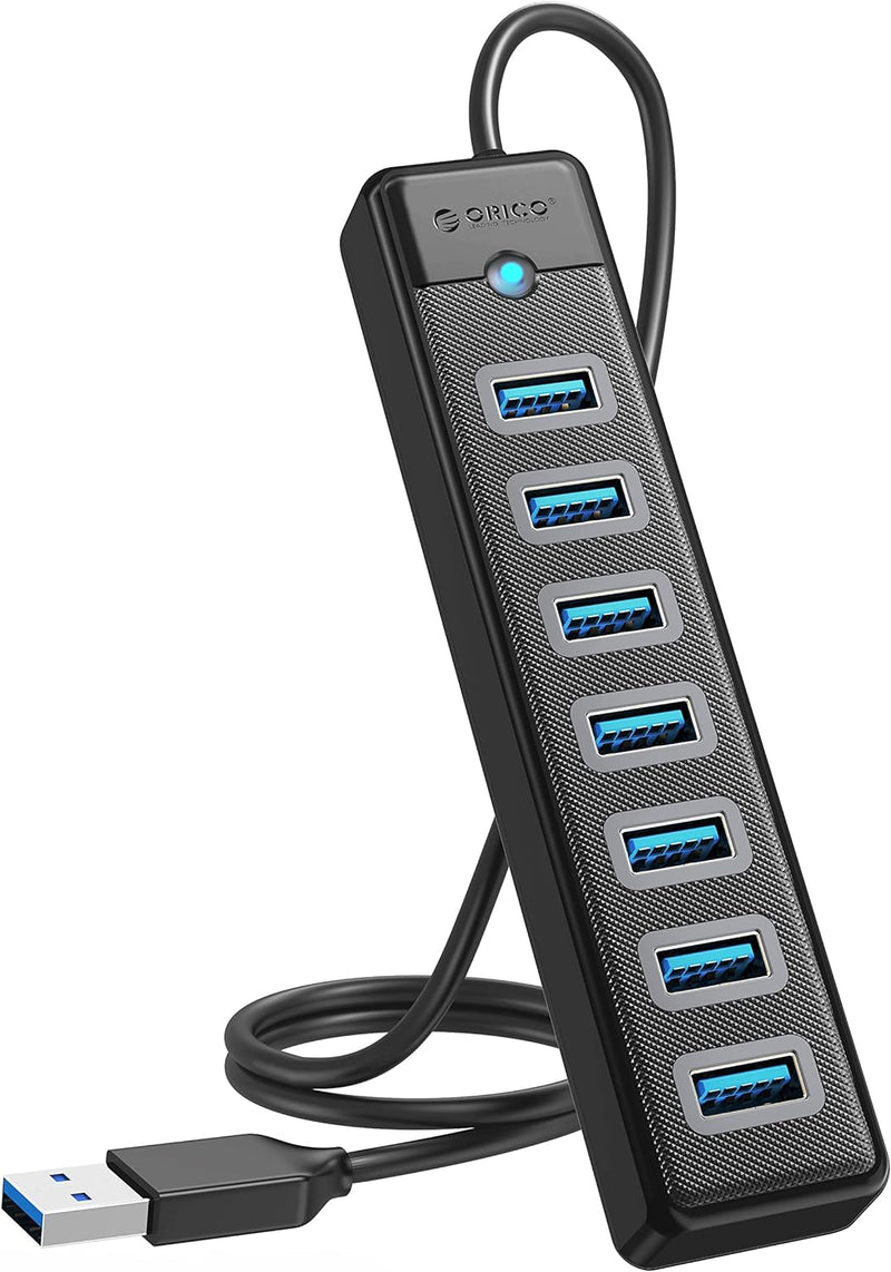 ORICO USB HUB 3.0, 7 Port USB HUB mit 5V/3A Netzteil Port, USB Verteiler für Laptop, MacBook Pro/Min