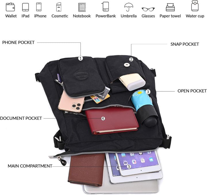 Multipurpose Hobo Purse for Women with Antitheft RFID, Waterproof Nylon Crossbody Bag Shoulder Handb