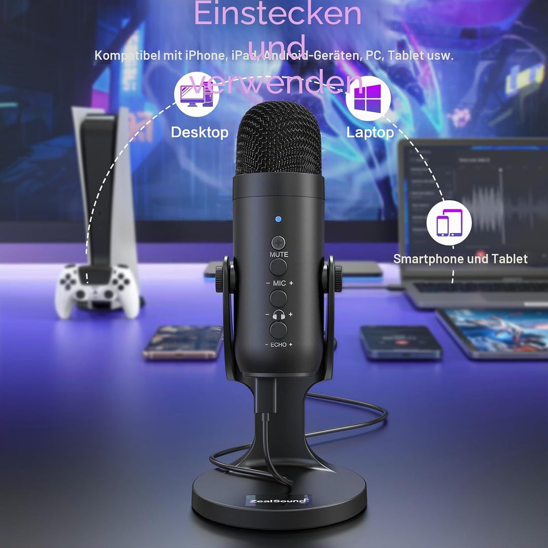 zealsound USB Mikrofon - Kondensatormikrofon für PC und Handy, mit Stummschaltung, Rauschunterdrücku