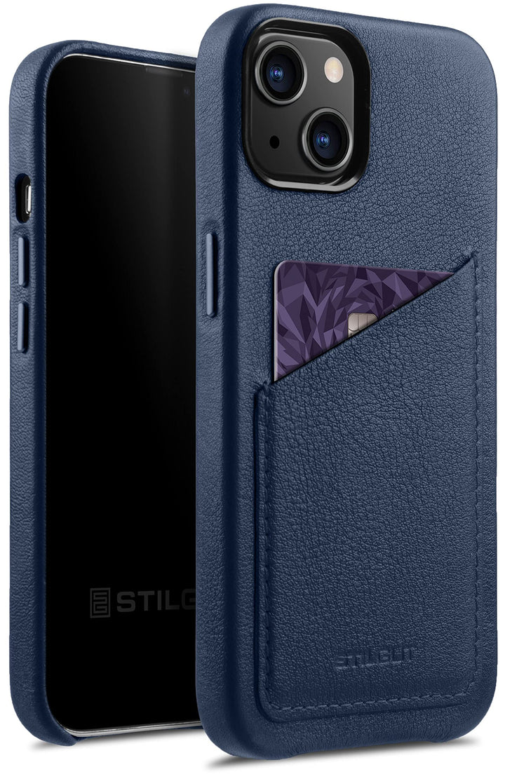 STILGUT Cover kompatibel mit iPhone 13 Hülle mit Kartenfach, Case aus Leder, Kartenhülle - Dunkelbla
