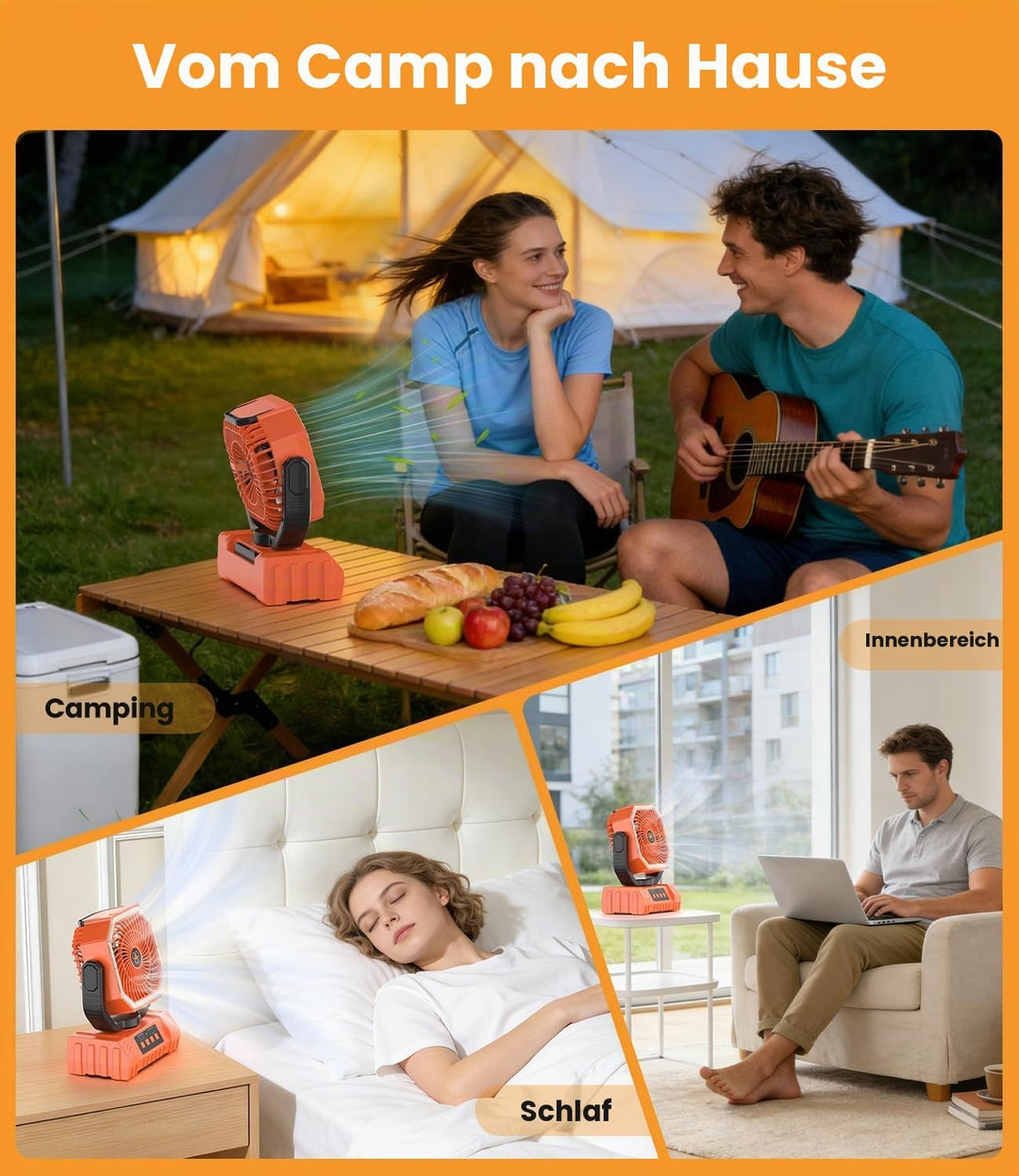 Camping Ventilator, 20000mAh Tragbarer Ventilator Akku mit LED Licht &amp; Fernbedienung, Haken, USB Ven