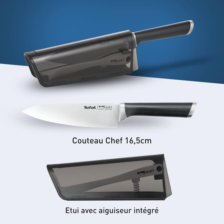 Tefal Ever Sharp Kochmesser, 16,5 cm, integrierter Messerschärfer in der Hülle, Scheibe, schneidet u