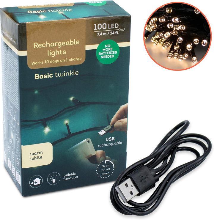 Akku Lichterkette per USB aufladbar bis 10 Tage Leuchtdauer mit Timer - 100 LED auf 7,4m - Aussen De