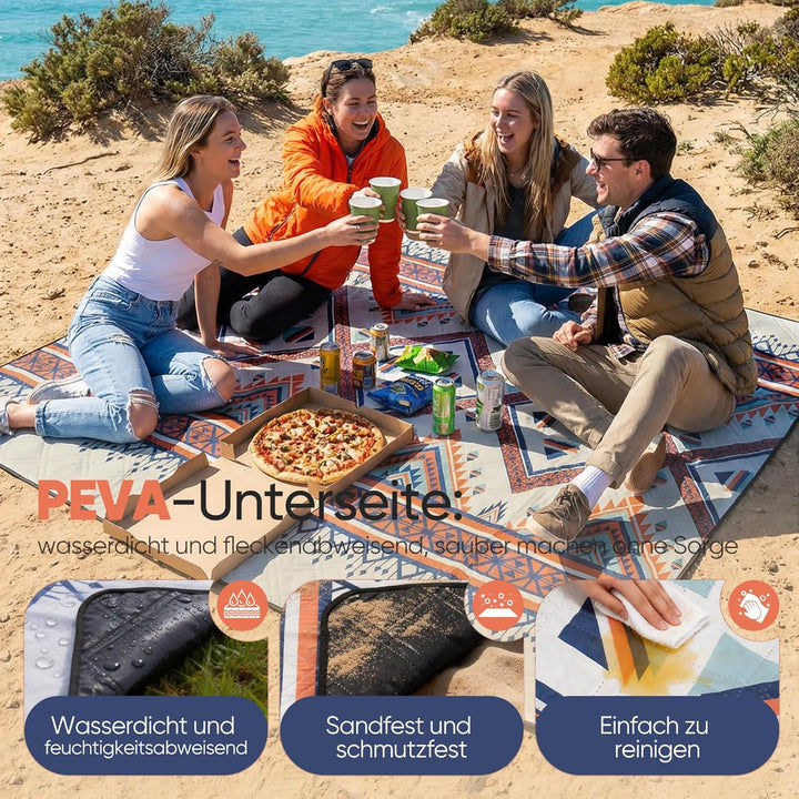 Sekey Boho Picknickdecke Wasserdicht 200x200 cm, Stranddecke Sandfrei | Gepolstert, Dreischichtige S