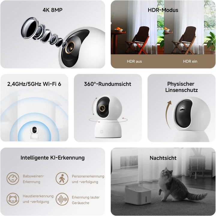 XIAOMI C701 4K 8MP Schwenk/Neige Innenkamera WLAN Überwachungskamera 360°-Abdeckung KI-Erkennung Nac