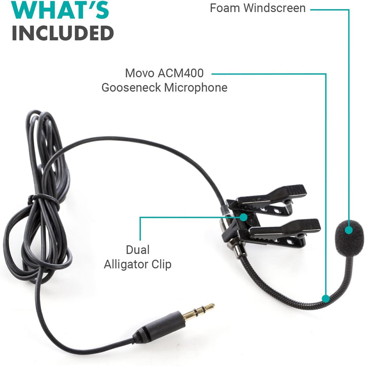 Movo ACM400 Flexibles omnidirektionales Schwanenhalsmikrofon für Motovlogging Moto Vlog Action Cam H