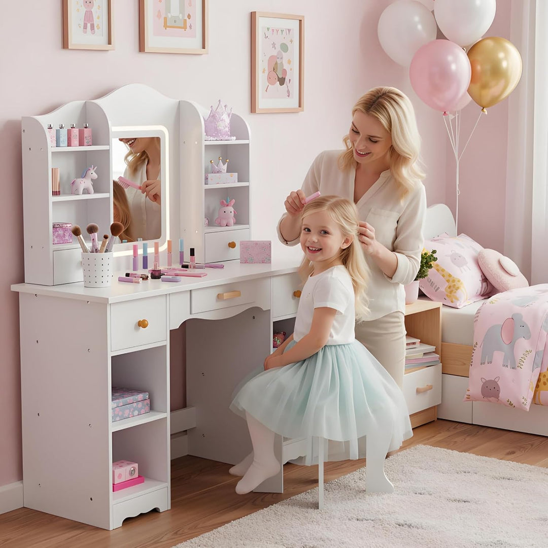 Clevich Schminktisch Kinder Set, Kinderschminktisch mit LED Beleuchtung, 5 Schubladen, 10 Staufächer