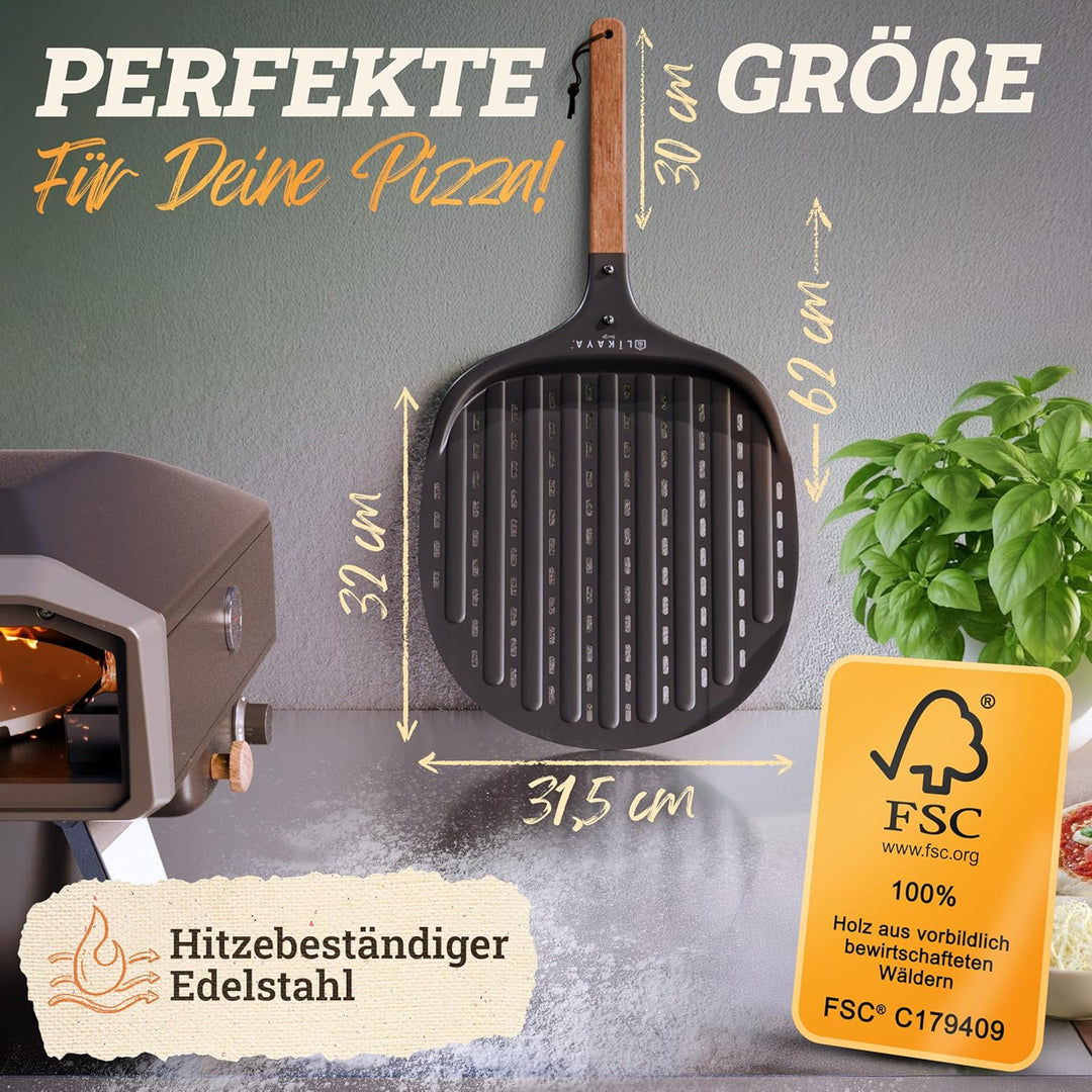 Pizzaschieber [32 x 32 x 62cm] Pizzaschaufel aus schwarzem Aluminium & Griff aus FSC-Akazienholz – K