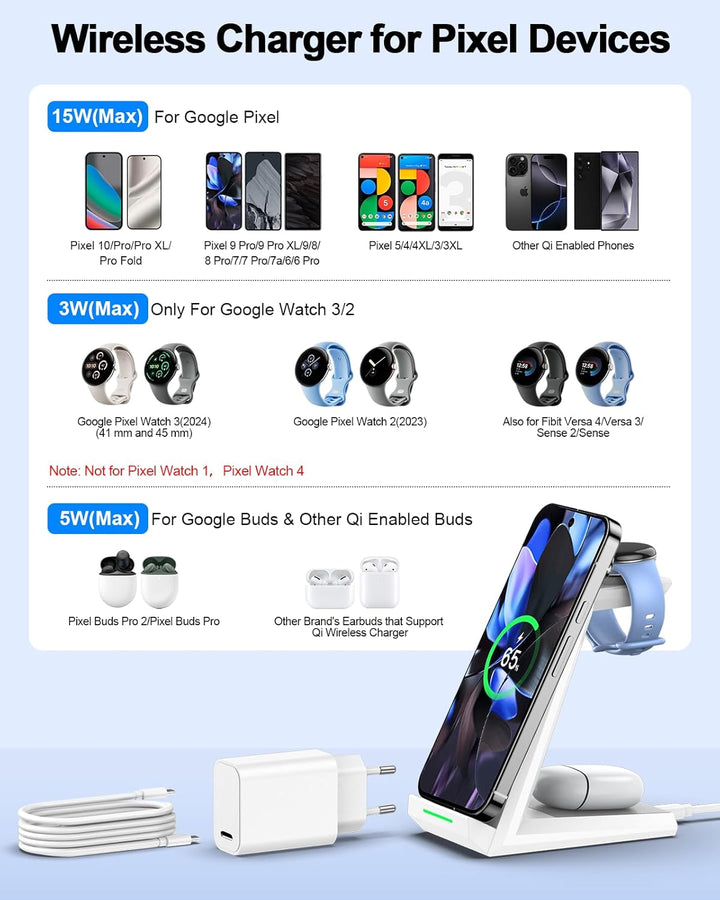 NANAMI induktive Ladestation für Google Pixel Watch 3/2/Fitbit Versa 4/3, 3 in 1 Wireless Charger fü