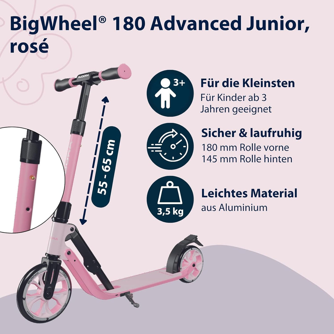 HUDORA BigWheel® 180 Advanced Junior - Hochwertiger & sicherer Kinder Roller ab 3 Jahre - Zusammenkl