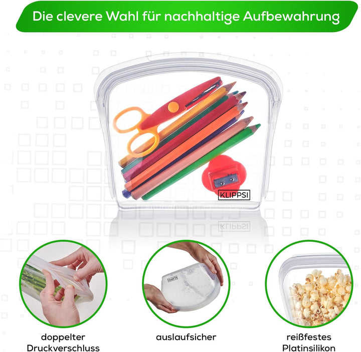 KLIPPSI® Wiederverwendbare Silikonbeutel Set Gefrierbeutel Aufbewahrungsbeutel reissfest, hitze-kält