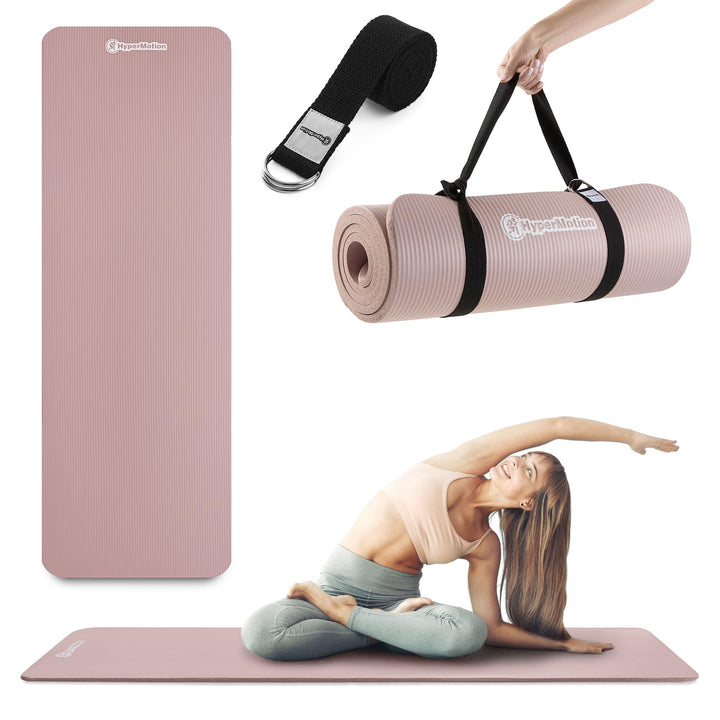 HyperMotion Yogamatte NBR 183x61x1,5 cm Altrosa, Extra Dick 15 mm, Rutschfest, mit Trage- und Stretc