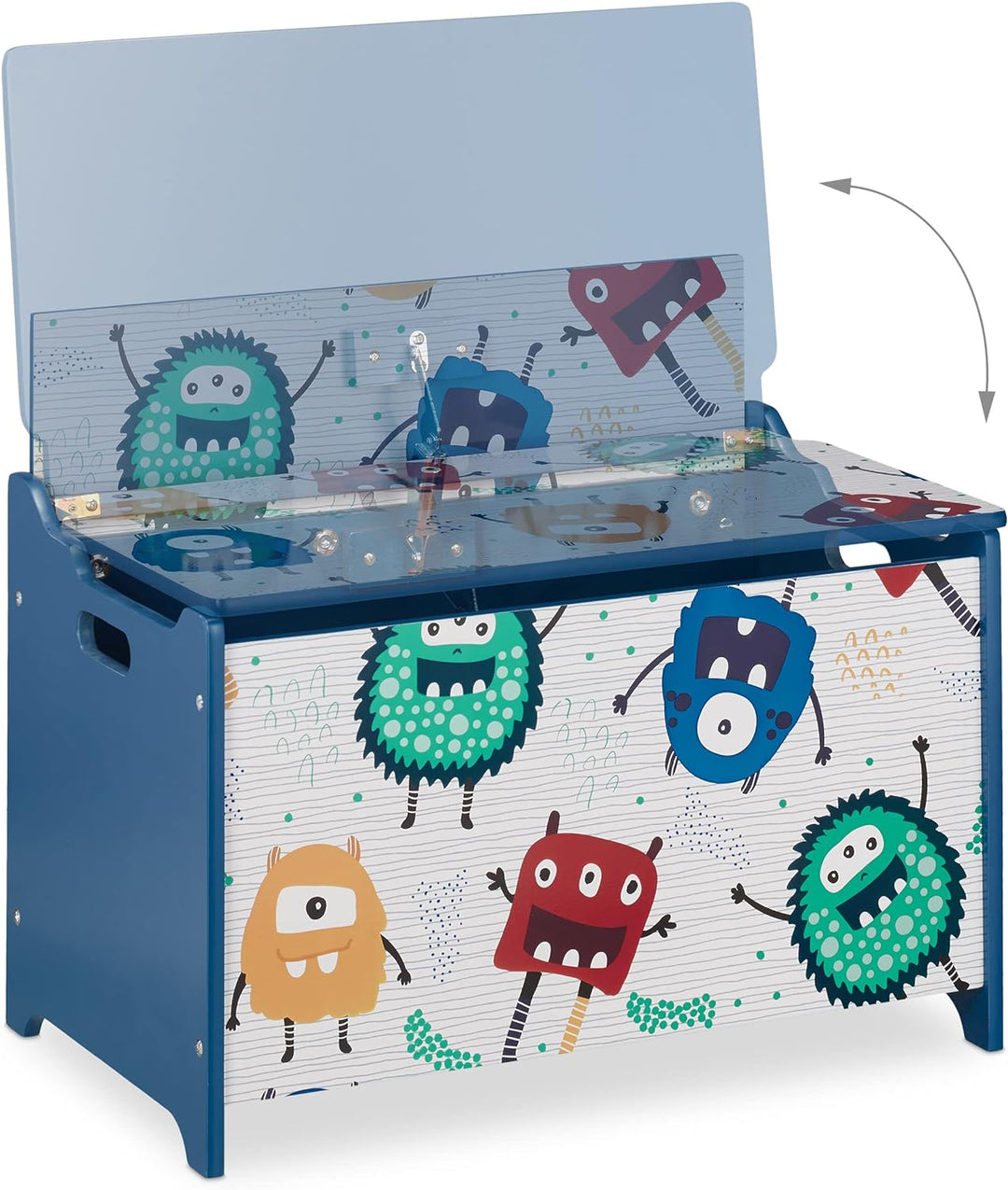 Relaxdays Spielzeugtruhe, Monster-Design, Spielzeugkiste mit Deckel, HBT: 50x60x36,5 cm, MDF, Spielz