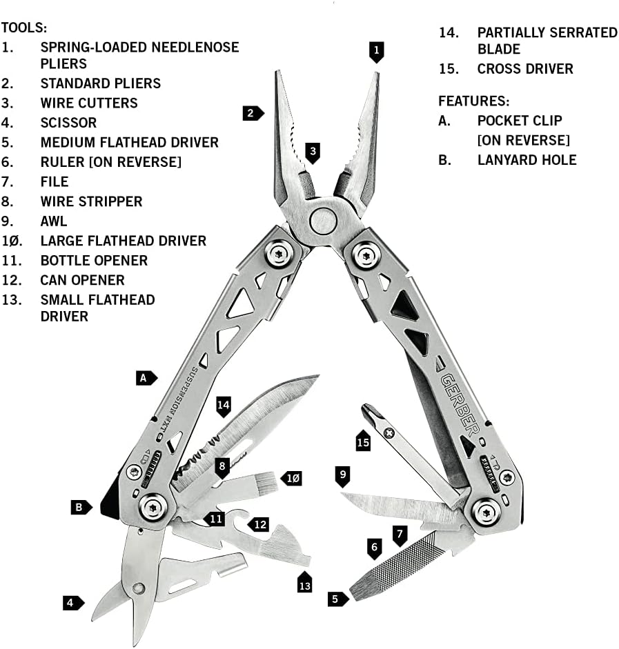 Gerber Multifunktionswerkzeug mit Taschenclip und 15 Funktionen, Suspension NXT Multi-tool, 31-00368
