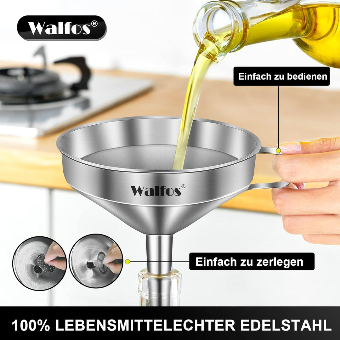 Walfos Trichter edelstahl, mit 2 abnehmbaren Sieben ＆ 1 Stück Reinigungsbürste, 200 Mesh Lebensmitte