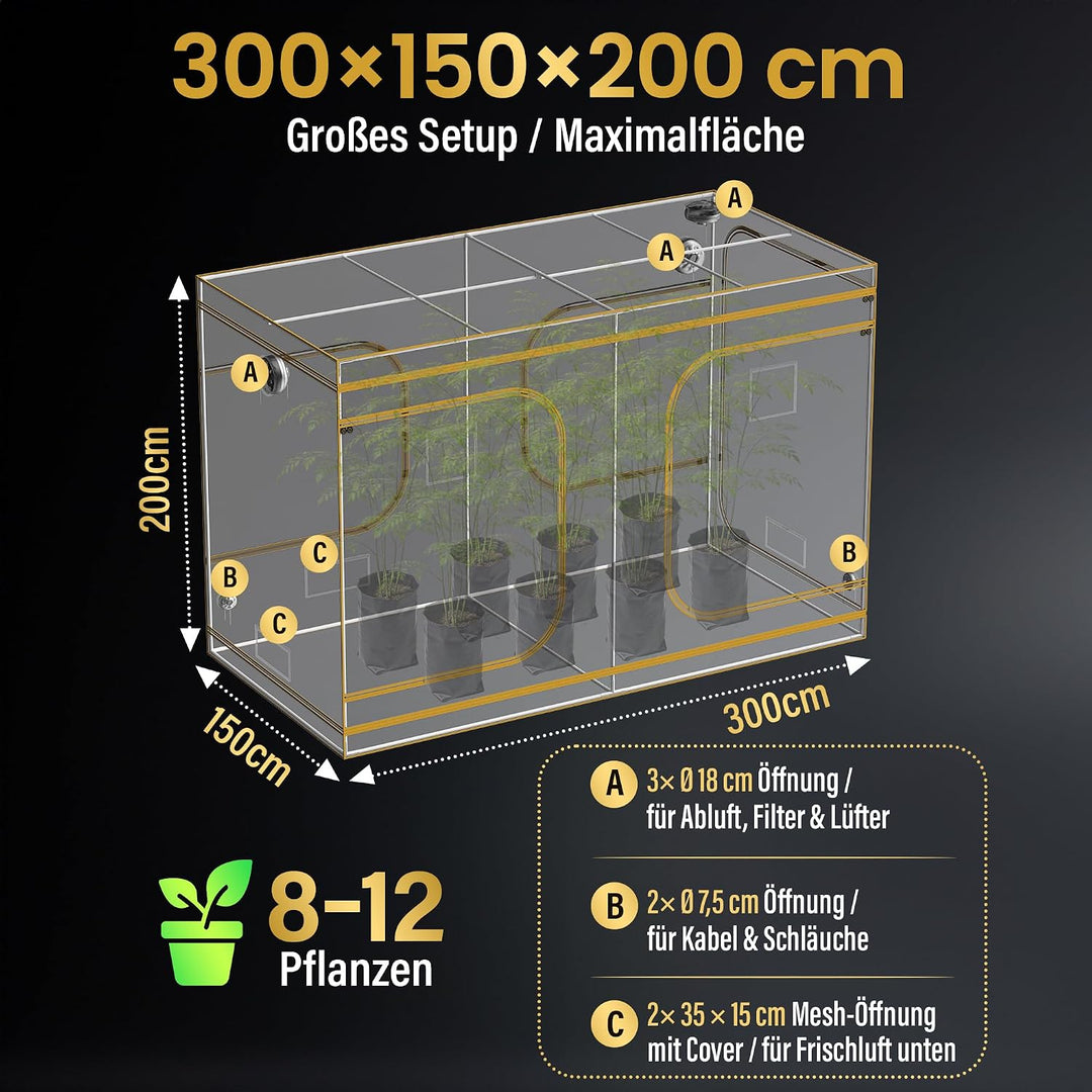 Edelweiss PRO Growzelt 300x150x200 cm, lichtdichte Growbox für Indoor-Pflanzen, PAR-White Innenfläch